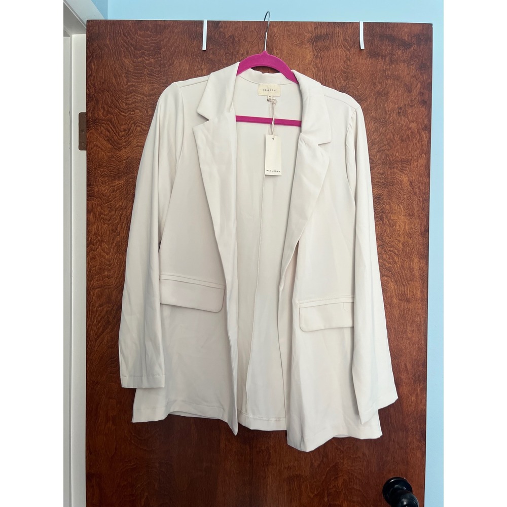NEW Open Front Blazer Women XL Cream Stretch Flap Fake Pockets CEJ213990B-TS